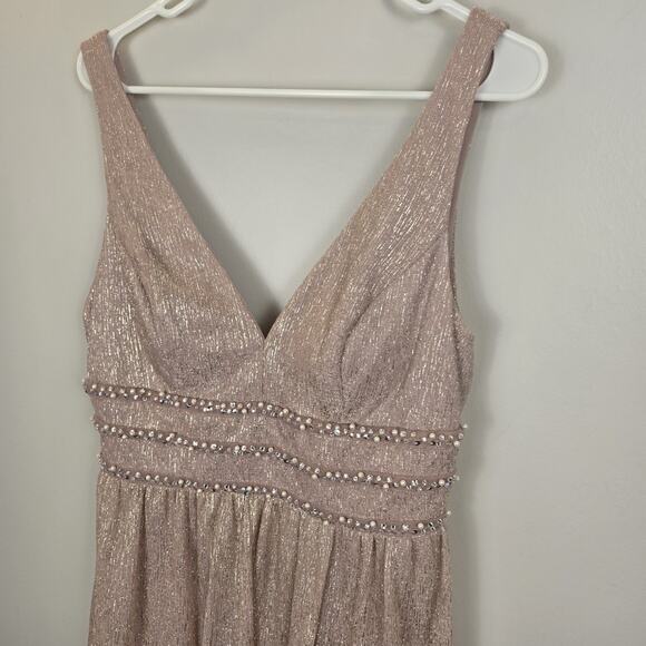 City Triangles Metallic ALine Gown with Beaded Waist Bands Blush PROM WEDDING 13 - Picture 3 of 12